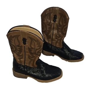 Little Boys Roper Cowboy Boots Faux Ostrich Leather Black & Brown Size 12